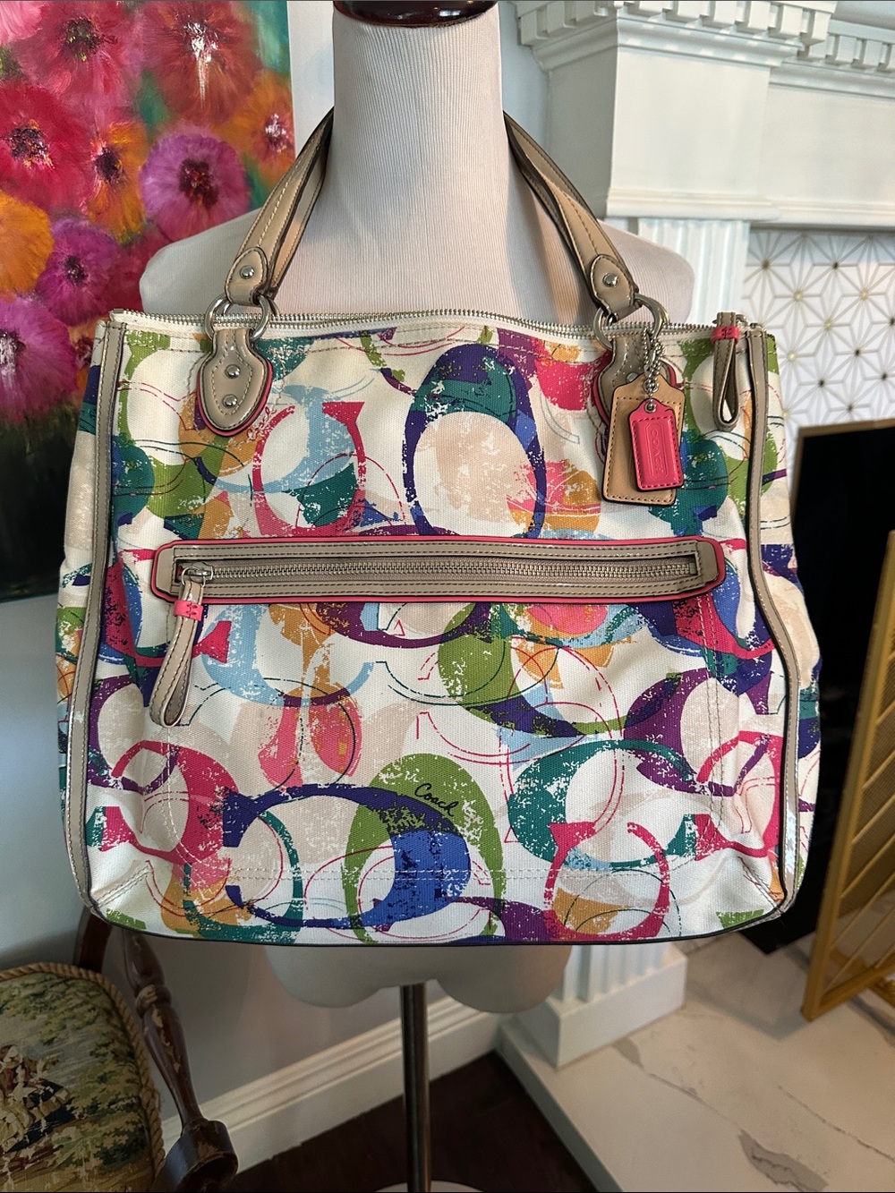 Coach Multicolor Circle-Print Tote with Tan Trim and Pink Tag